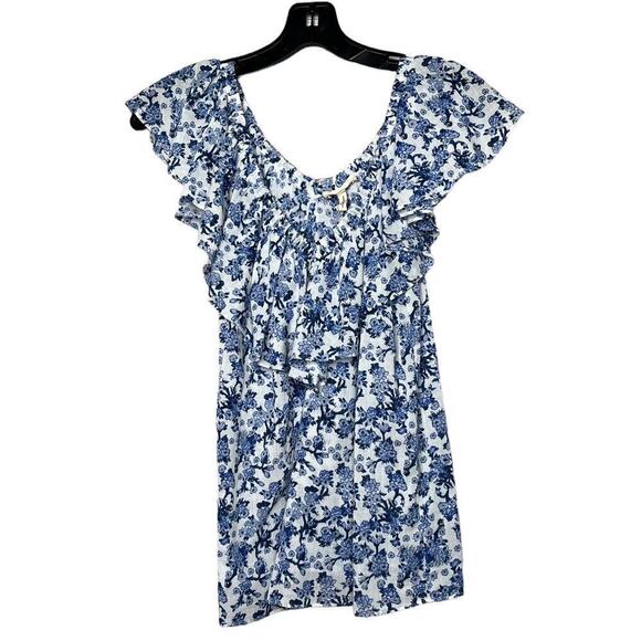 Rebecca Taylor Aimee Off Shoulder Blue & White Cotton Floral Top Size 4 - Picture 3 of 11